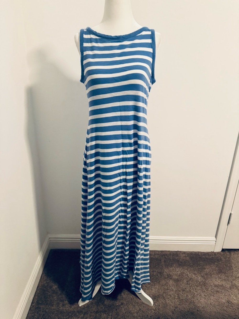 J. Crew High Low Blue and White Striped Sleeveless Maxi Dress